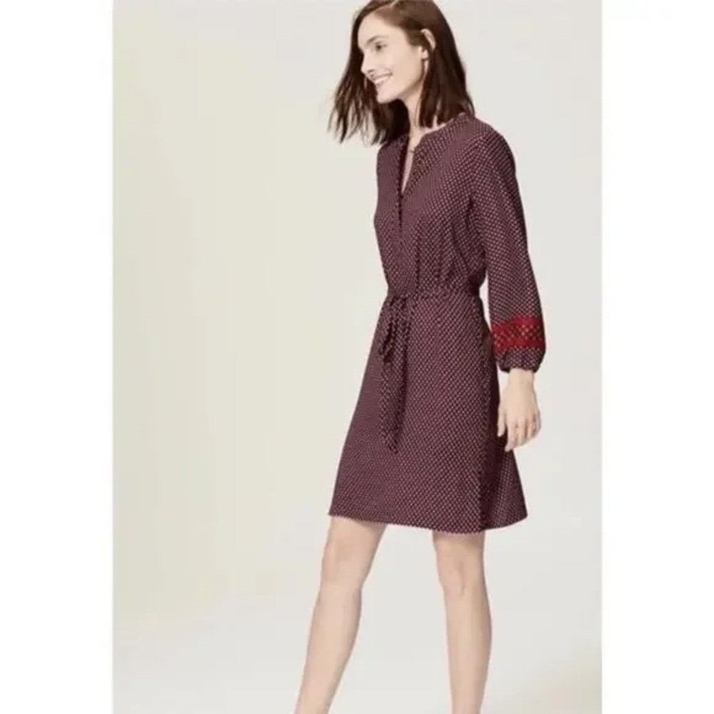 LOFT Burgundy Long Sleeve Dress with blue designs. Size small.